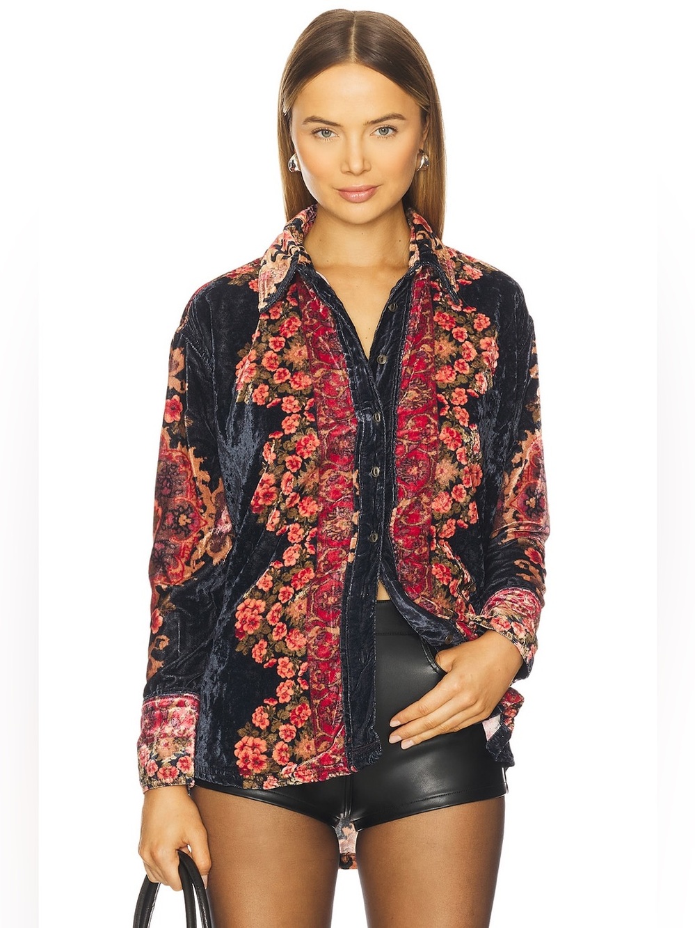 Free People One Night Velvet Top Button Down Floral Tapestry XL
